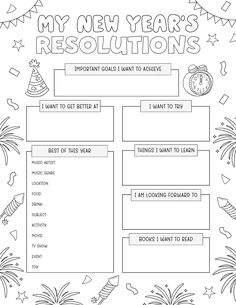 Free printable New Year’s resolution worksheet and coloring page for kids featuring sections for goals, favorite memories, and self-improvement, with festive New Year’s illustrations like fireworks, party hats, and a clock. School Holidays Activities, New Year Resolution Worksheet, Christmas Worksheets 5th Grade, New Years Therapy Activities, New Year Printables For Kids, New Years Eve Preschool Activities, Christmas Counseling Activities, New Years Goals Template, New Years Classroom Activities