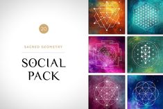 the sacred symbols and their meanings are featured in this set of four square images with text that reads sacred geometry social pack