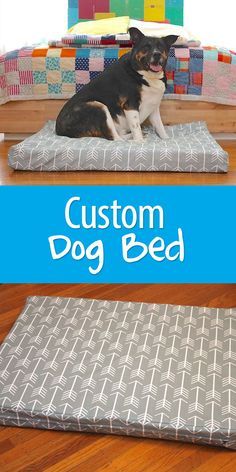 a dog sitting on top of a bed with the words custom dog bed above it