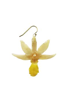 a pair of earrings with yellow flowers hanging from them