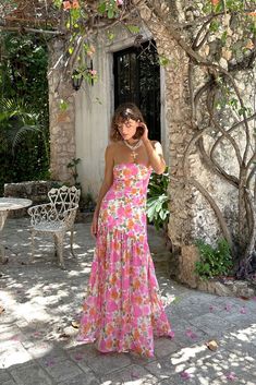 LaBelle Strapless Drop Waist Pink Floral Maxi Dress Fall Wedding Guest Maxi Dress, Pastel Long Dress Formal, Strapless Floral Prom Dress, Mama Mia Prom Dress, Chic Spring Date Dress, Italy Wedding Guest Dress, Colorful Wedding Guest Dress, Flower Aesthetic Outfits, Spring Wedding Dress Guest