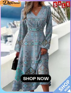 Women's Solid Color Stitching V-neck Long Sleeve Dress Blue Long Sleeve V-neck Dress For Fall, Winter Vacation Dresses With V-neck, Winter Vacation V-neck Dresses, Multicolor V-neck Winter Dress, Women's Fashion Dresses, Sleeve Dress, Plus Size Outfits, Bleach, Fashion Dresses