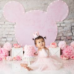 PINK felt crown. SILVER glitter trim. SILVER number Minnie Mouse Photo Shoot Ideas, Minnie Mouse Cake Smash, Pink Dress Birthday, White Photoshoot, Minnie Mouse Birthday Decorations, Disneyland Birthday, Pink Tutu Dress, Minnie Mouse Theme, 1st Birthday Photoshoot