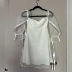 Never Worn White Mini Dress With See Through Sleeves! Sleeves Can Be Worn On Or Off The Shoulder Perfect For Brides!! Sheer Puff Sleeve Mini Dress For Summer, Spring Mini Dress With Sheer Short Sleeves, Plum Dress, Tropical Print Dress, White Strapless Dress, Floral Corset, Date Dresses, On Or Off, Reformation Dress