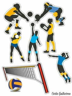 various sports stickers are shown on a white background, including a volleyball ball and net