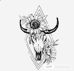 a cow skull with sunflowers on it's face and an arrow in the middle