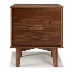 a wooden nightstand with two drawers on one side and an open drawer on the other