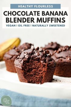 chocolate banana blender muffins on a plate with a banana in the background