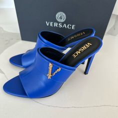 Brand New In Box Sz 40/9 Luxury Blue Mules, Blue Open Toe Party Mules, Elegant High Heel Blue Sandals, Blue High Heel Mules For Evening, Luxury Blue Leather Mules, Blue Open Heel Mules For Party, Elegant Blue Peep Toe Heels, Elegant Blue Open Heel Heels, Blue Mules With Sculpted Heel For Party