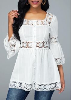 Formal Blouses For Women, Formal Blouses, Patch Work Blouse, Ladies Blouse Designs, Trendy Fashion Tops, Dresses Homecoming, Lace Patchwork, Collar Blouse, Trendy Tops