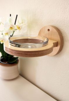 a glass bowl on a wooden shelf next to a potted plant