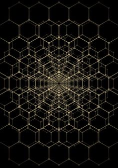 an abstract pattern made up of hexagonal shapes in gold and white on a black background