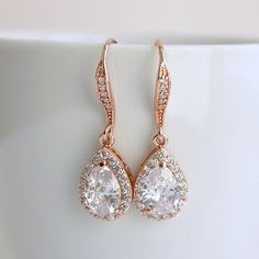 Rose Gold Dangle Earrings Wedding Jewelry Rose by poetryjewelry Elegant Rose Gold Earrings For Wedding, Elegant Rose Gold Teardrop Earrings For Wedding, Elegant Rose Gold Teardrop Earrings For Anniversary, Rose Gold Drop Bridal Earrings For Formal Occasions, Sparkling Rose Gold Earrings For Wedding, Classic Rose Gold Bridal Earrings For Wedding, Elegant Rose Gold Teardrop Bridal Earrings, Formal Rose Gold Drop Bridal Earrings, Rose Gold Cubic Zirconia Teardrop Earrings For Party