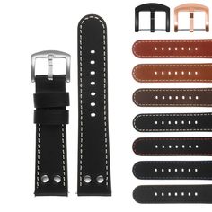 DASSARI Pilot Leather Watch Band w/ Rivets | StrapsCo Rectangular Black Wear-resistant Watch Accessories, Black Watch Bands With Bracelet Strap For Customization, Durable Black Watch Bands For Customization, Garmin Vivomove, Pilot Style, Tw Steel, Garmin Fenix, Garmin Forerunner, Leather Product