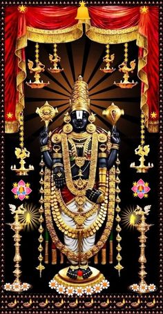 an image of the god in gold with red curtains and lights behind it, on a black background