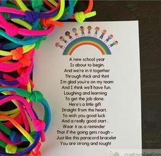 there is a card that has some colorful bracelets on it with a poem in the middle