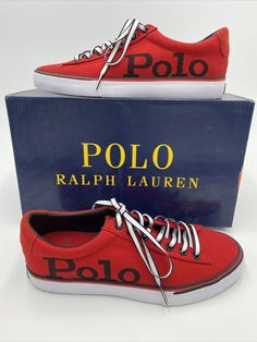 Polo Ralph Lauren Men Low Top Sneakers Sayer SK VLC Red Recycled Canvas Size: 7 D New in Box Retail: $65 DETAILS - Inspired by classic court sneakers, the Sayer combines lightweight vulcanized construction with a clean-lined canvas upper and refined suede accents.  This version is made with cotton and features bold logo lettering at the side. - Padded collar, suede-trimmed heel and tongue - "Polo" printed at the outer side and debossed at the heel - Lined with cotton twill, collar lined with fau Red Casual Sneakers With Embroidered Logo, Casual Red Sneakers With Embroidered Logo, Polo Shoes, Athletic Models, Bold Logo, Recycled Canvas, Sperry Sneaker, Low Top Sneakers, Polo Ralph Lauren Mens