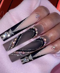 Trip Nails, Bday Nails, Birthday Nail, Black Acrylic Nails, Long Acrylic Nail Designs, Nails Design With Rhinestones, Long Acrylic Nails Coffin, Acrylic Nails Coffin Pink, Unique Acrylic Nails