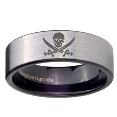 This tungsten carbide ring in black color, 8mm width with a logo Skull Pirate engraved on it. This tungsten ring is cobalt free to avoid allergies, high polish finish, comfort fit design, perfect for the one you love. Tungsten ring is non scratch only apply on original tungsten silver color, it DOES NOT apply for any color coated tungsten item, please good take care your jewelry avoided from crash or any chemical lotion or perfume apply on the surface, it will effect the coating on the ring. Tun Skull Pirate, Mens Engagement, Tungsten Carbide Rings, Mens Ring, Engagement Rings For Men, Tungsten Ring, Tungsten Carbide, A Logo, Silver Color