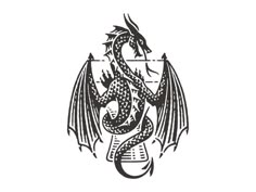 a black and white drawing of a dragon sitting on top of a book with wings