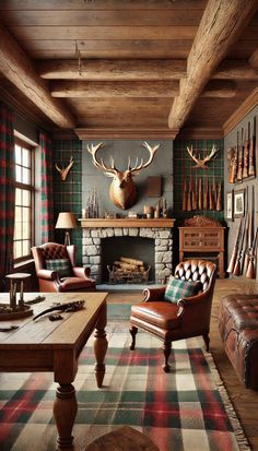 a living room filled with lots of furniture and deer head mounted to the wall above a fire place