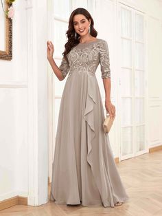 #color_Taupe Bride Groom Dresses, Stretch Satin Dress, Groom Dresses, Bride Groom Dress, Dress Dusty, Half Sleeve Dresses, Mom Dress, Groom Dress, Bride Dresses