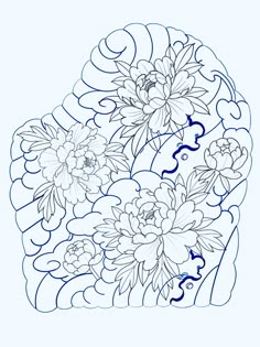 a blue and white drawing of flowers on a light blue background with swirls in the middle