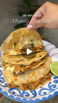 a person holding a blue and white plate with quesadillas stacked on it