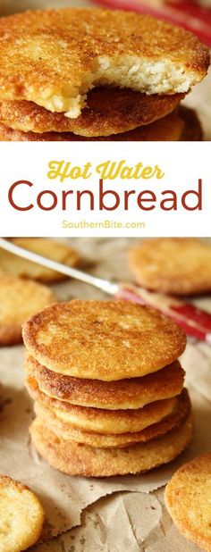 a stack of cornbread pancakes with butter on top and the words, hot water cornbread