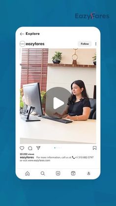 a woman sitting in front of a computer on top of a blue screen with the caption