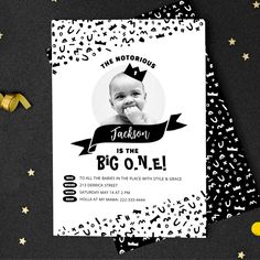 a baby's first birthday party card with confetti