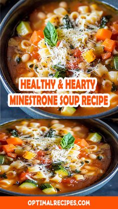 two bowls of hearty and hearty minestone soup recipe with text overlay