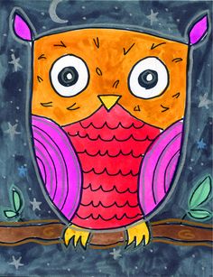 an orange and pink owl sitting on top of a tree branch with stars in the background