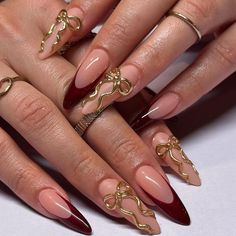 Unique Birthday Nails, Red And Gold Nails, Maroon Nails, Classy Acrylic Nails, Prom Nails, Classy Nails, Funky Nails, Pretty Acrylic Nails