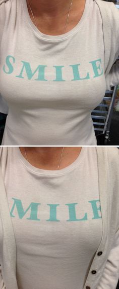 two pictures of a woman wearing a smile shirt