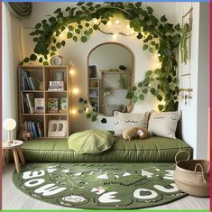 a bedroom with plants and lights on the wall above the bed is decorated in green