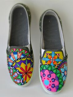 Colorful Floral Zentangle Polka Dots Handpainted Canvas Artsy Low-top Sneakers With Rubber Sole, Artsy Sneakers With Rubber Sole And Round Toe, Artistic Slip-on Sneakers With Rubber Sole, Multicolor Hand Painted Slip-on Sneakers, Handpainted Shoes, Sharpie Shoes, Painted Shoes Diy, Buy Nike Shoes, Painted Canvas Shoes