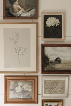 several framed pictures hang on the wall next to each other, including flowers and leaves