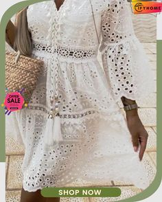 Plain Tassel V Neck Vacation Lace Hollow Out Dress Spring Beach Cover-up Dress With Tassels, V-neck Dress With Back Tassel Tie-up For Summer, White V-neck Dress With Fringe, White Fringe V-neck Dress, Summer V-neck Dress With Fringe, Chic V-neck Mini Dress With Tassels, Casual Boho Dress With Tassels For Vacation, Long Sleeve Boho Beach Dress With Tassels, Spring Summer Dress With Back Tassel Tie-up