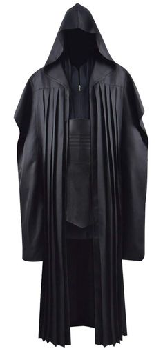 darth vader costume from star wars is shown in black leather with hood and cape