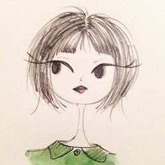 a drawing of a girl with short hair wearing a green shirt and looking at the camera