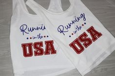 two white tank tops with usa and running in the usa written on them