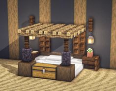 a room with a bed, dresser and table in the middle is decorated in minecraft style