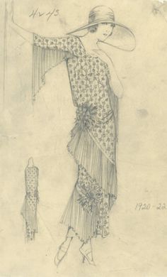 a drawing of a woman in a dress and hat