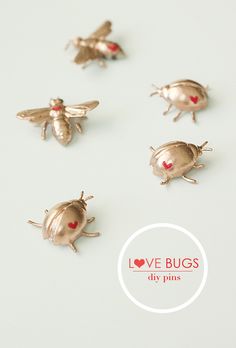 four tiny silver bugs with red eyes on a white surface and the words love bugs above them