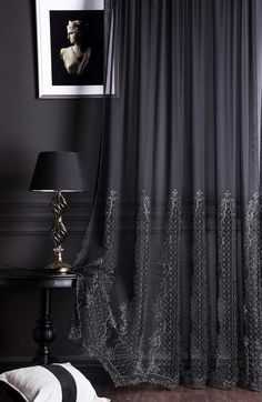 Our luxurious black tulle curtains with refined lace embroidery are a superb choice. With a chic and modern flair, these curtains showcase intricate detailing at the bottom, enhancing any room's elegance. They are durable, lightweight, and customizable in size and hanging style. Perfect for settings like living rooms, bedrooms, or cafes, they add a striking, stylish accent. These curtains are particularly popular in gothic-themed interiors, making them the ideal piece for those who appreciate da Goth Living Room Modern, Gothic Apartment Decor, Sheer Lace Curtains, Goth Interior Design, Curtains Transparent, Goth Living Room, Gothic Curtains, Black Sheer Curtains, Transparent Curtains