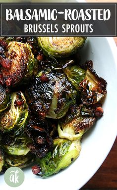 brussel sprouts with balsamic - roasted bacon in a white bowl