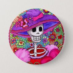 a button with a skull wearing a hat