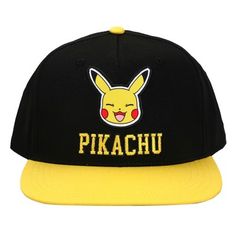 Celebrate your favorite electric mouse with this Pokemon snapback cap. The hat comes in black with a yellow brim and features an image of Pikachu’s smiling face while yellow letters below the character spell out his name. The hat is equipped with an adjustable snapback feature and measures 56 cm. Fans of the Pokemon games will love this comfy snapback hat. Playful Black Baseball Cap With Curved Brim, Playful Snapback Baseball Cap For Streetwear, Novelty Snapback Hat For Streetwear, Novelty Black Flat Bill Baseball Cap, Playful Black Snapback Baseball Cap, Playful Yellow Snapback Hat, Playful Black Snapback Hat, Pokemon Headbands, Pokémon Hat