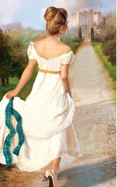 a painting of a woman in a white dress walking down a road with a blue ribbon